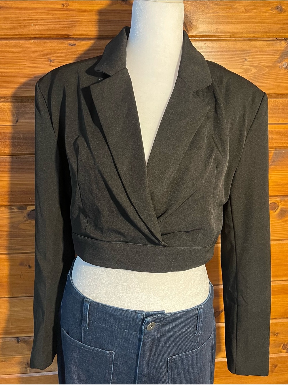 Black Cropped Wrap Blazer Top - Women
